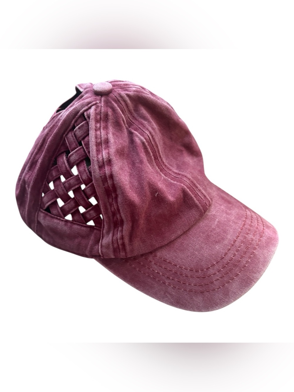 C.C Exclusives Burgundy Criss Cross Ponytail Hat Washed Messy Bun Baseball Cap